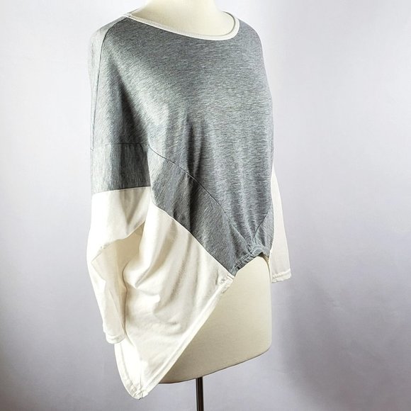 Gray & White Color Block Asymmetrical Top With Color Blocking and Dolman Sleeves - Picture 4 of 6
